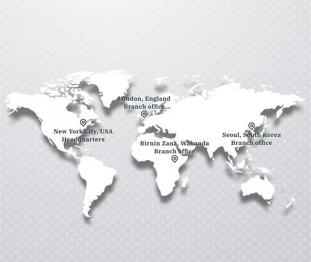 Global map showing one headquarters in New York City, United States of America, and three branch offices in London, England; Birnin Zana, Wakanda; and Seoul, South Korea.