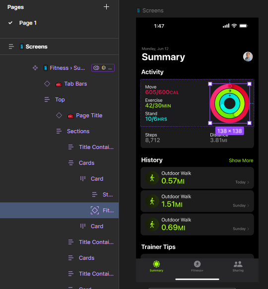 A screenshot of Lanceplaine's design of the Summary tab of Apple Fitness.