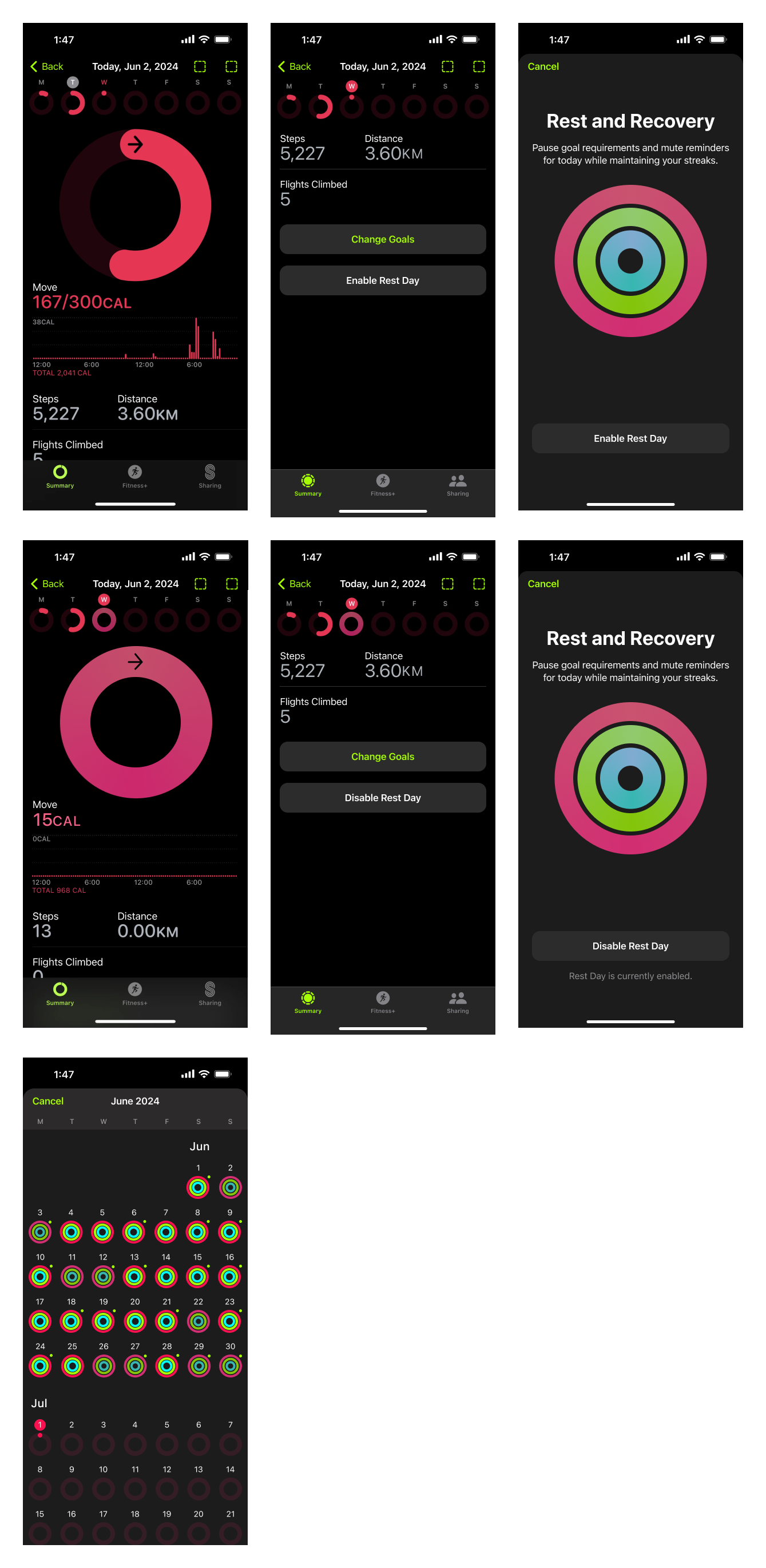 An image of 7 different frames in Figma