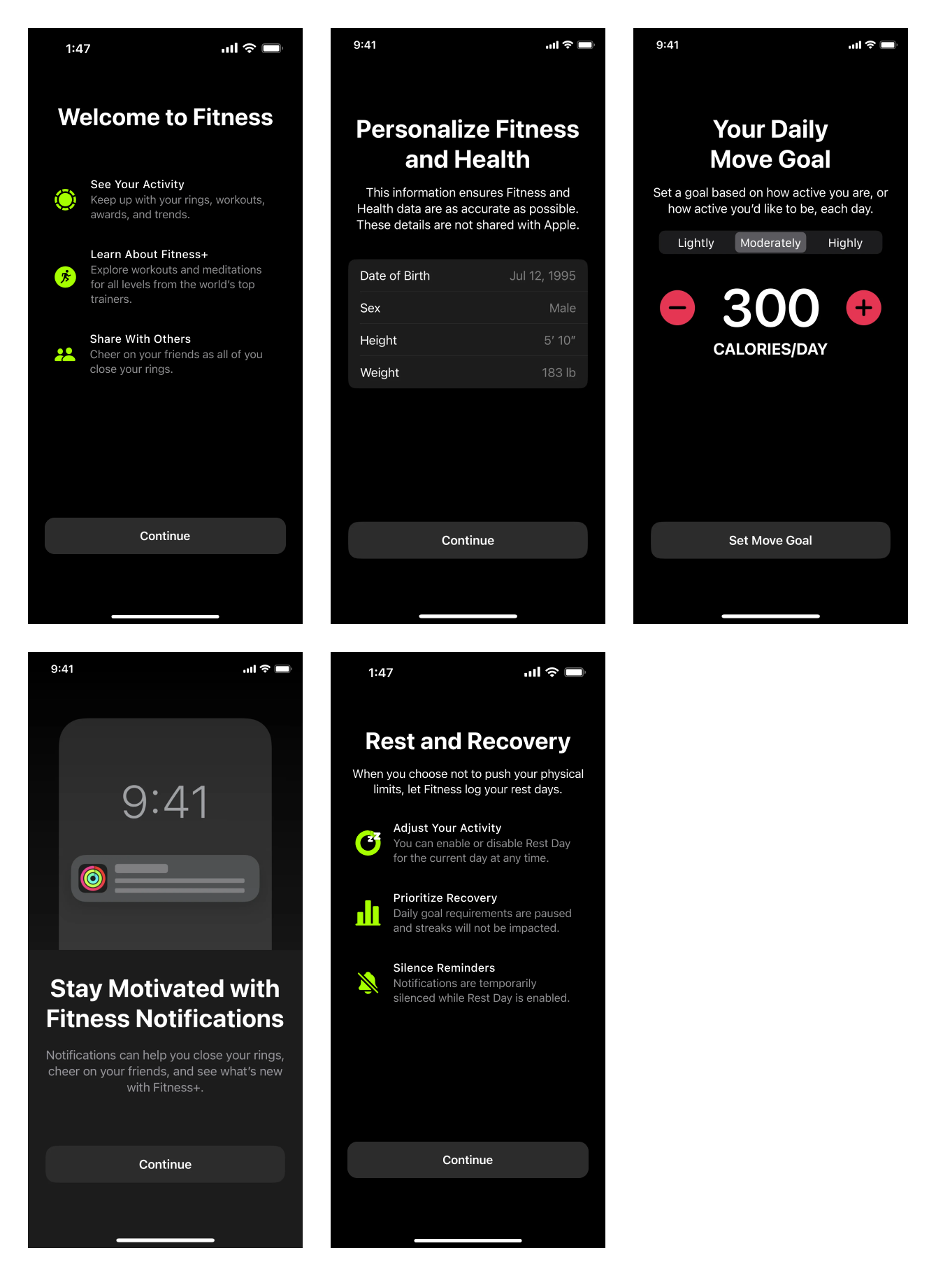 An image of the onboarding frames in Figma