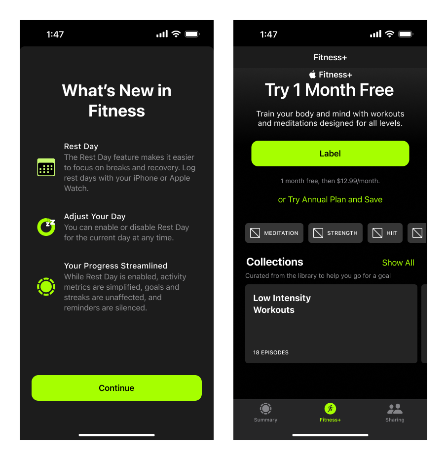 An image of the What's New in Fitness and the Fitness+ frames in Figma