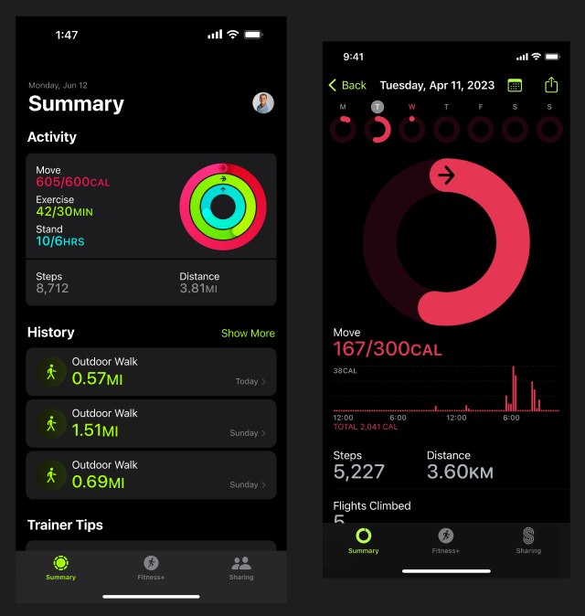 Side by side view of Lanceplaine's recreation, and a screenshot of the activity screen taken from Mobbin.