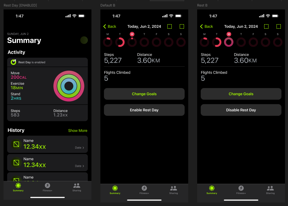 Side by side view of the main and activity pages under rest mode.