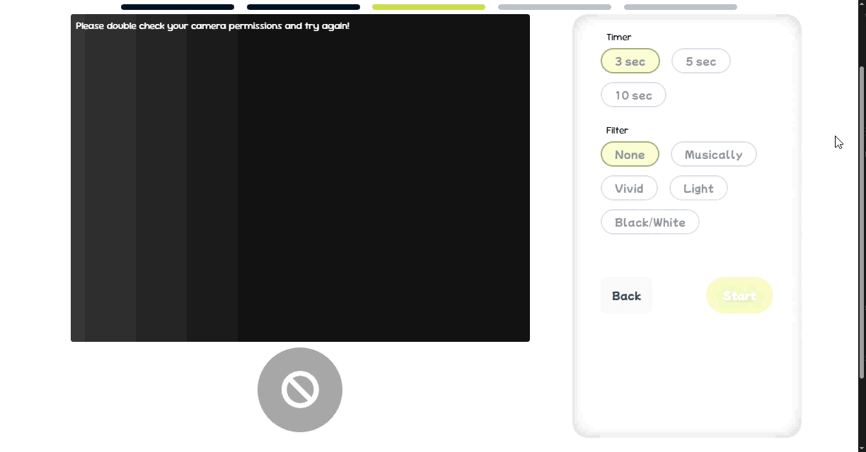 A GIF of the camera capturing step when camera permissions are not granted.