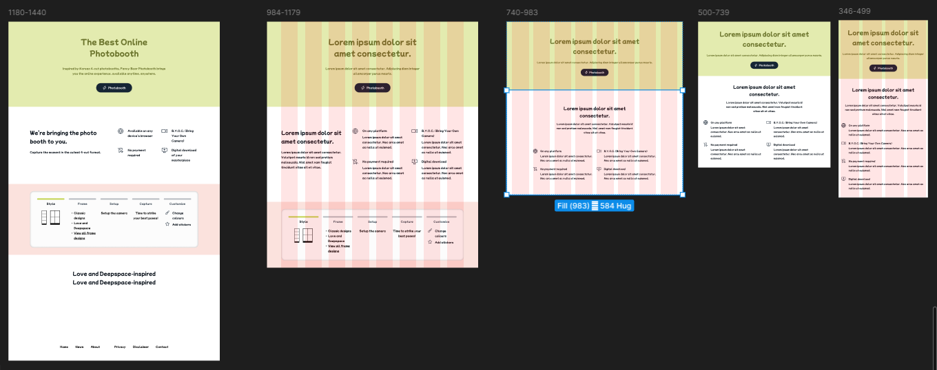 A screenshot of an overview of the homepage frames in Figma.