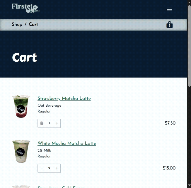 GIF of an unsuccessful user attempt at updating the quantity of the White Mocha Matcha Latte product in the shopping cart.