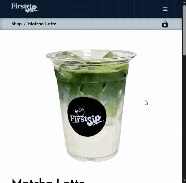 GIF of a successful user attempt at adding the Matcha Latte product to the shopping cart.