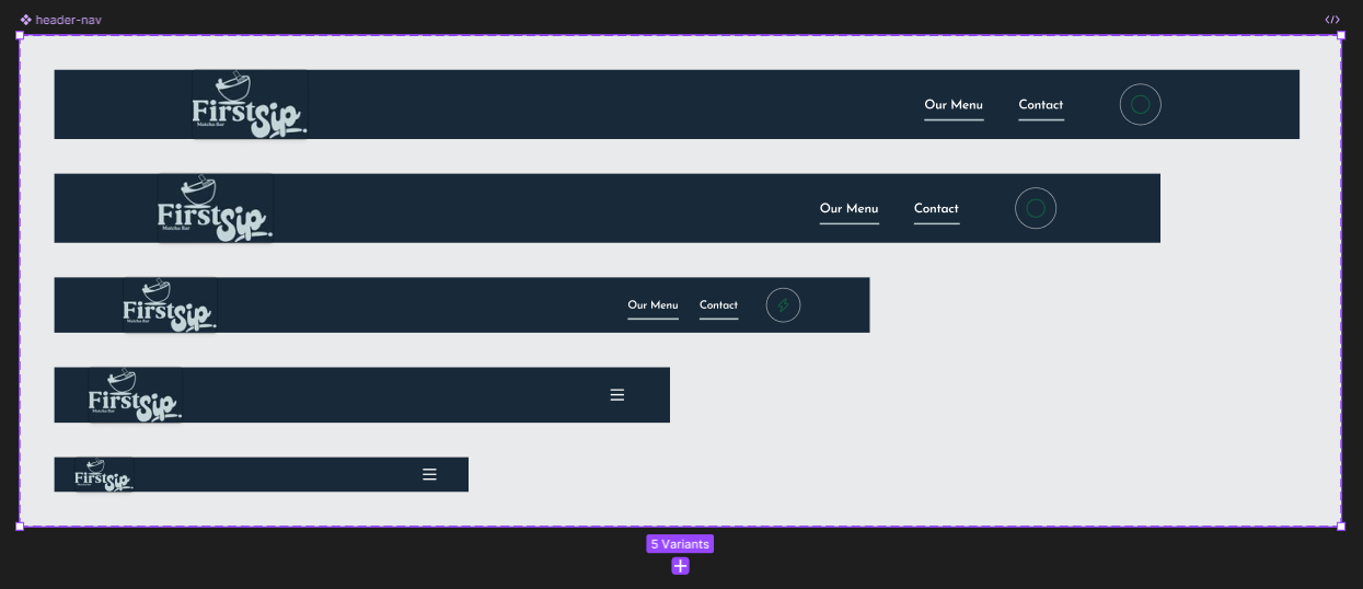 An image of the header design in Figma in all frame sizes.