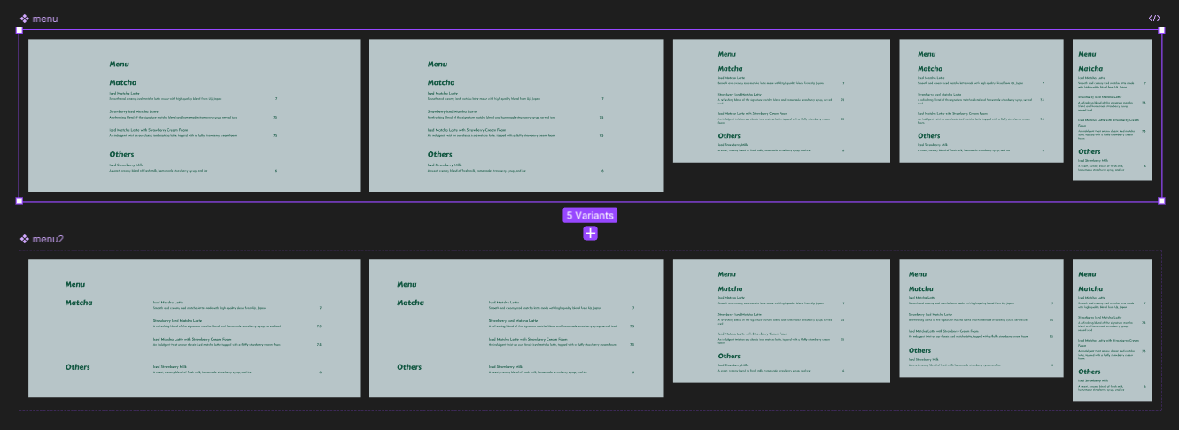 An image of the drinks menu component in Figma.