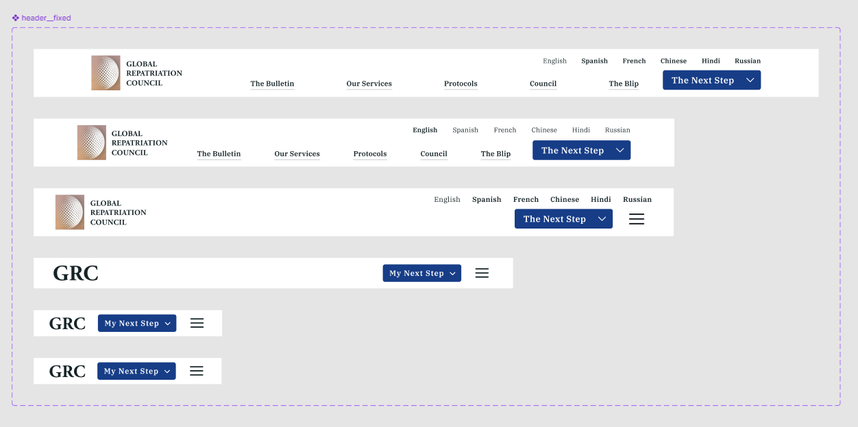 An image of the header design in Figma in all frame sizes.