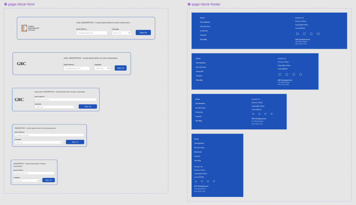 An image of the form and footer components in Figma.