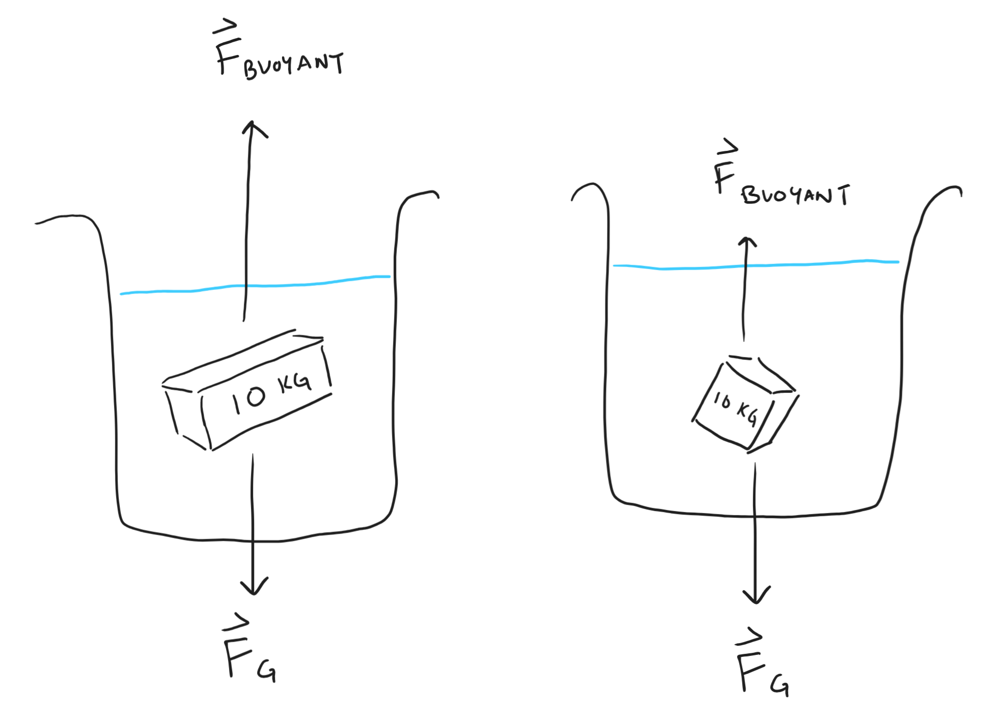 Free-body diagrams of two different 10 kg cubes in water.
