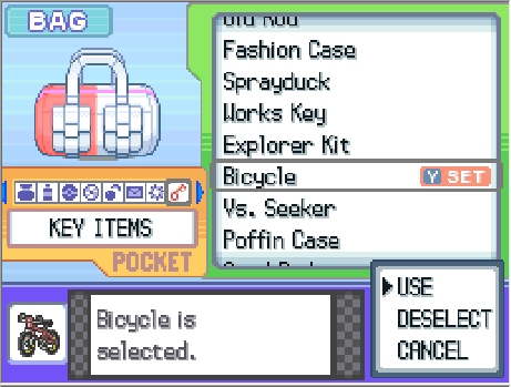 A screenshot of the key items section of the bag interface in the Pokémon Platinum video game.