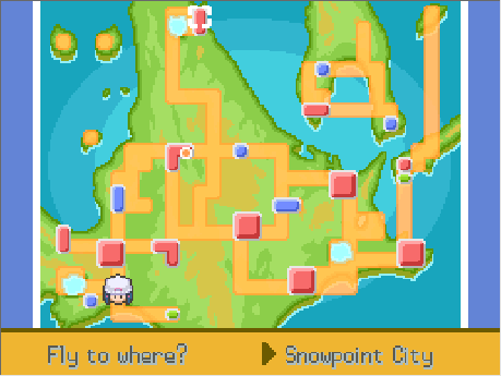 A screenshot of the map interface when using HM02 Fly in the Pokémon Platinum video game.